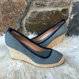 J. Crew Blue and White Striped Wedges